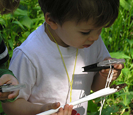 Boy looks through magnifier