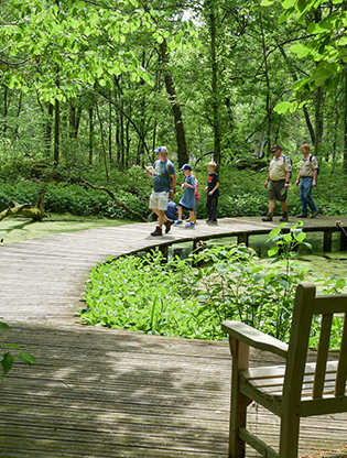 Scouts crossing boardwalk